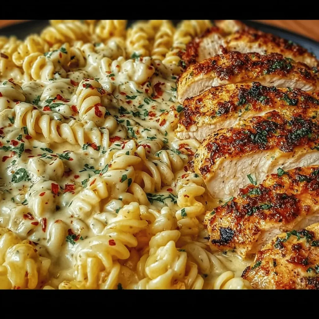 Creamy Garlic Parmesan Chicken with Cheesy Twisted Pasta