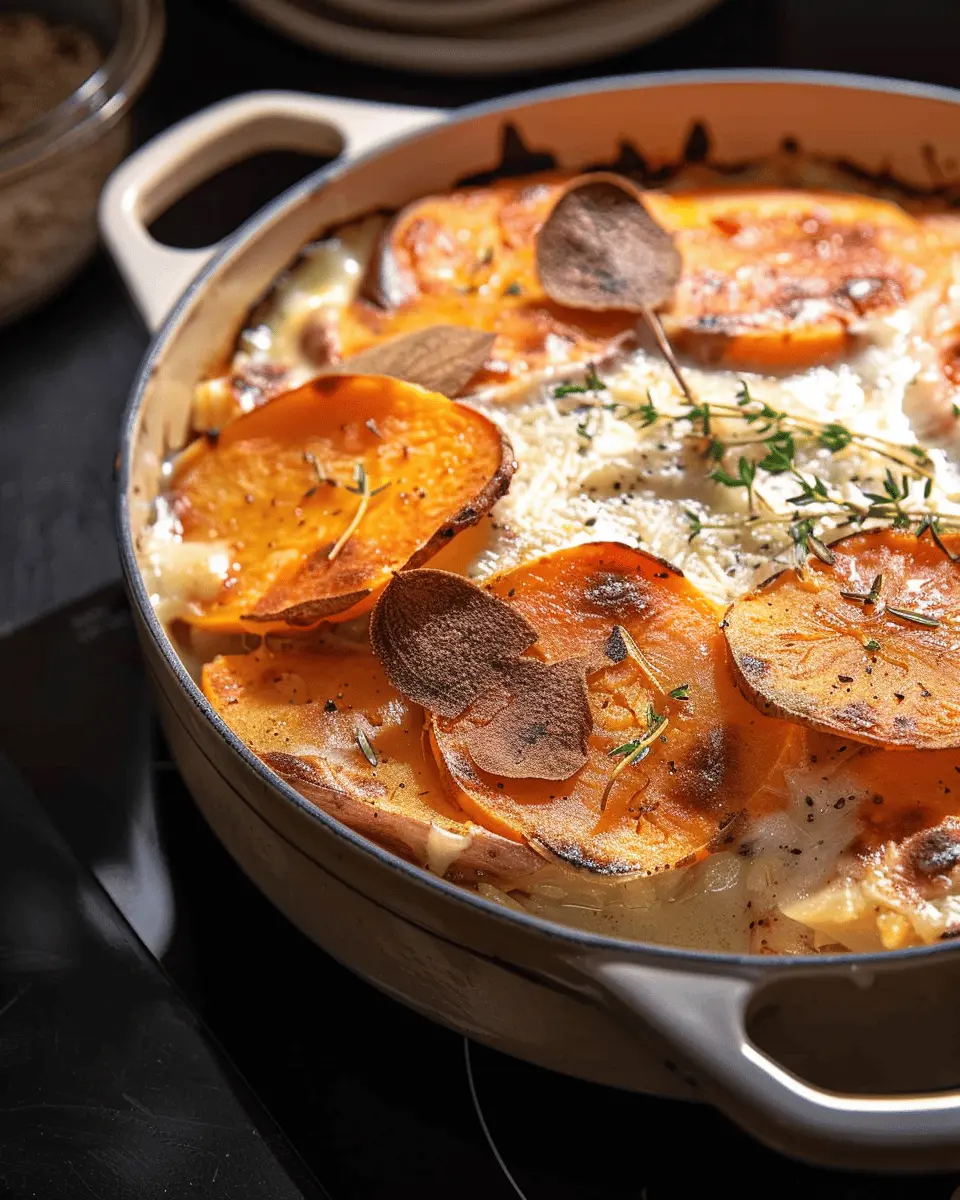 Easy Creamy Scalloped Sweet Potatoes with Turkey Bacon Delight