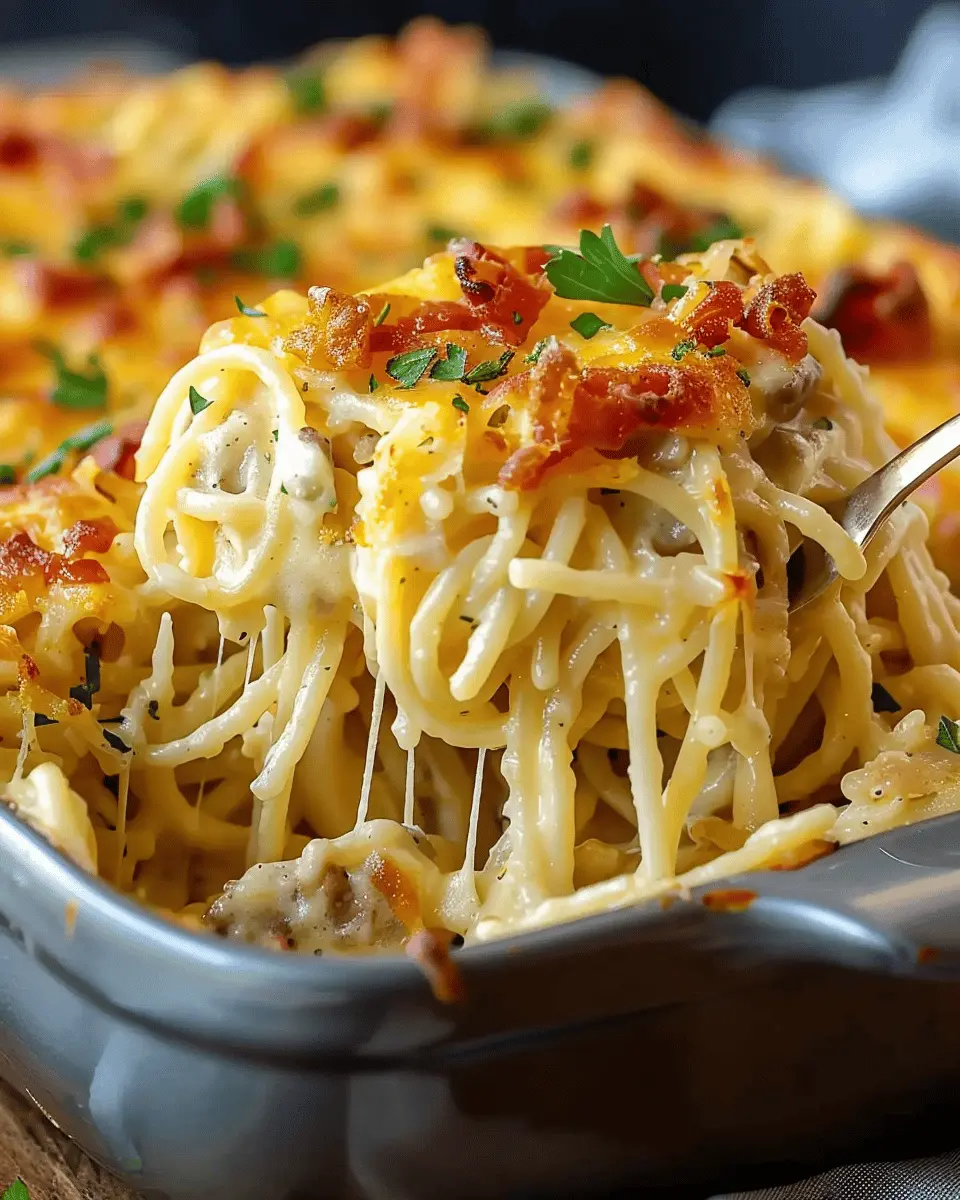 Creamy Southern Spaghetti Bake with Turkey Bacon and Chicken Ham