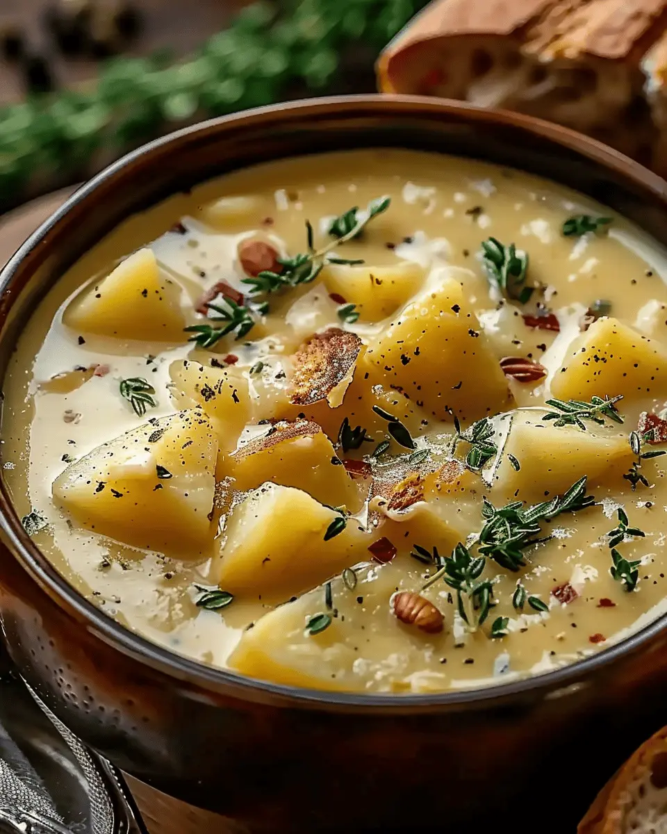 Hearty Cheddar Garlic Herb Potato Soup with Turkey Bacon Delight