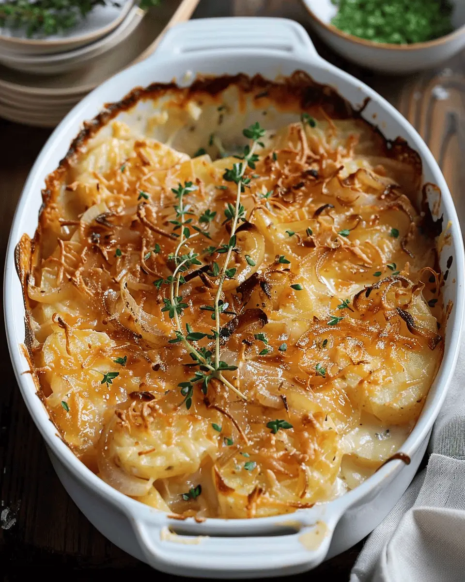 French Onion Funeral Potatoes with Turkey Bacon and Chicken Ham