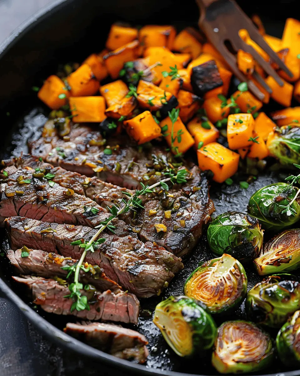 Garlic Butter Steak: Indulgent Dish with Brussels Sprouts & Squash