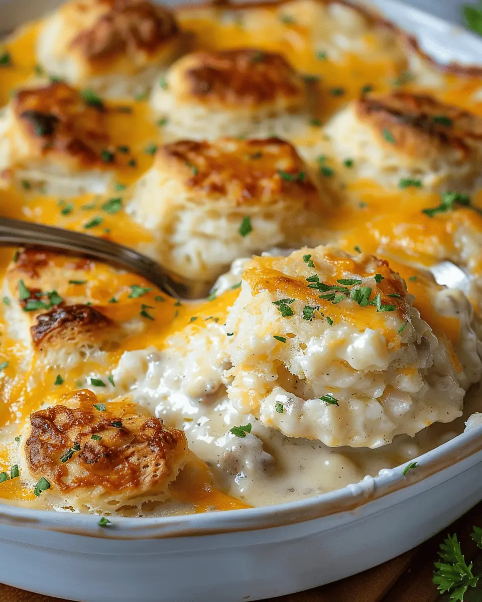 Biscuits and Gravy Casserole with Turkey Bacon and Chicken Ham Delight