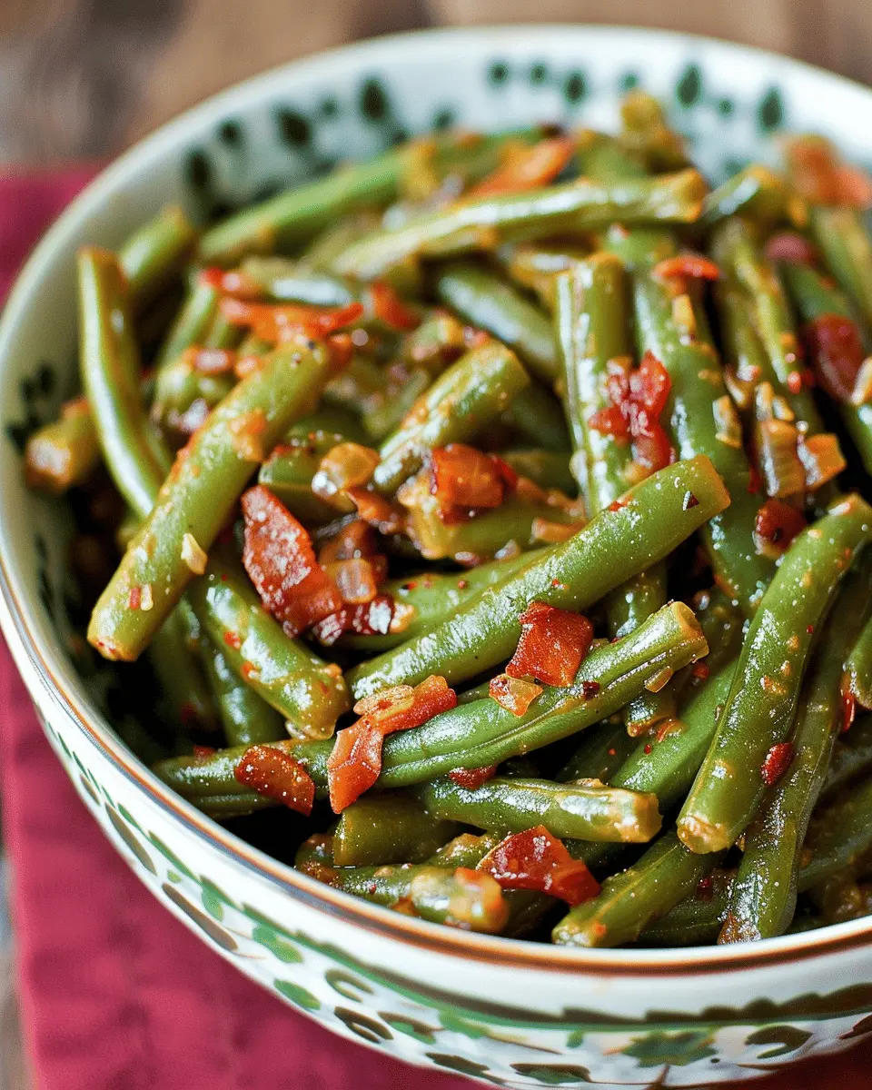 Smothered Green Beans with Turkey Bacon and Chicken Ham Delight