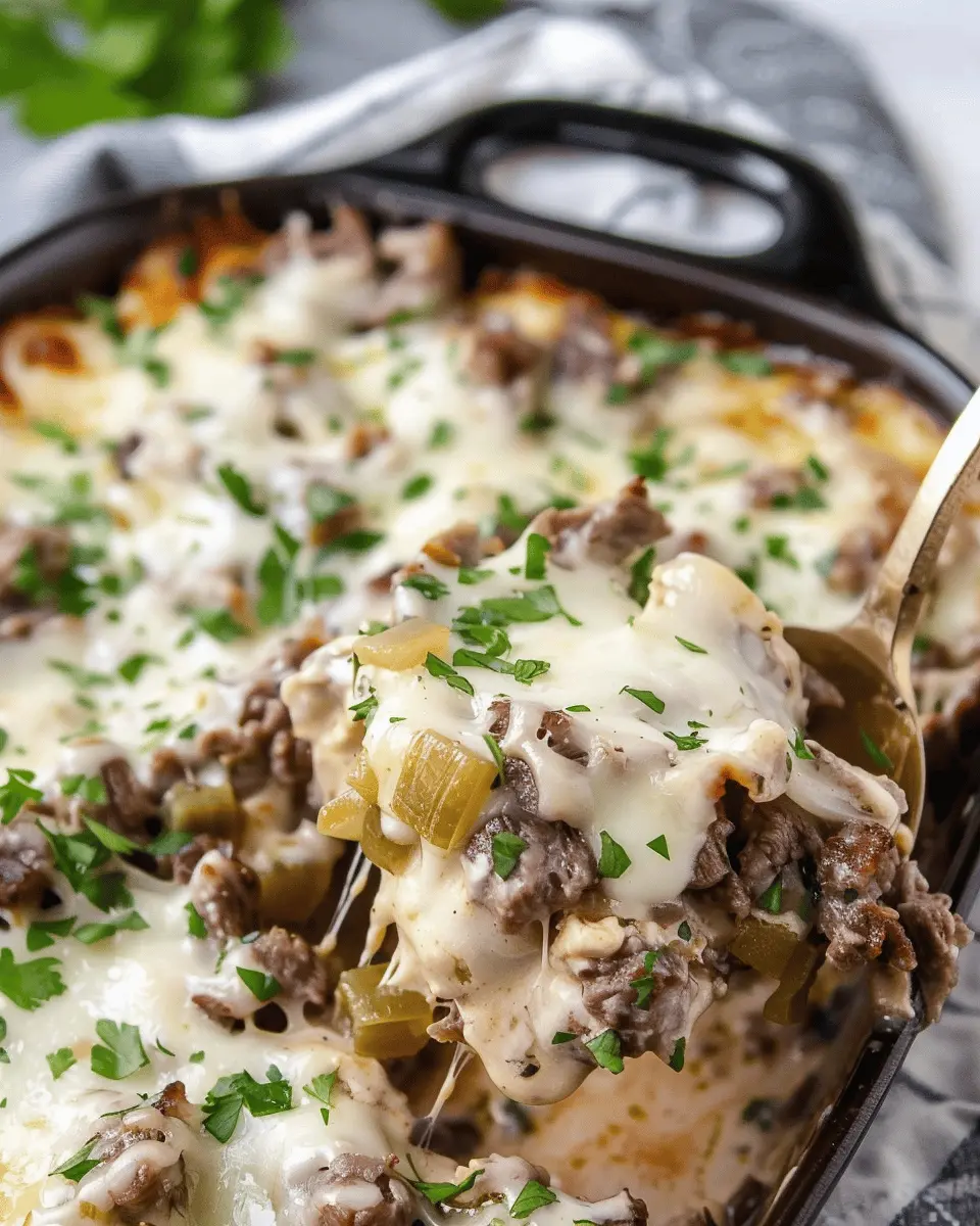 Low Carb Philly Cheese Steak Casserole with Turkey Bacon Delight