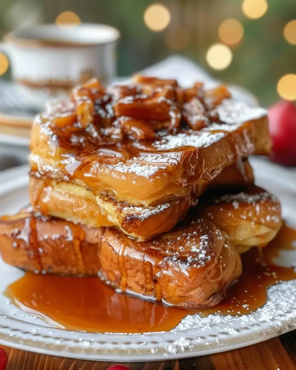 Friendsgiving Cinnamon Swirl Brioche French Toast with Turkey Bacon and Caramel Drizzle