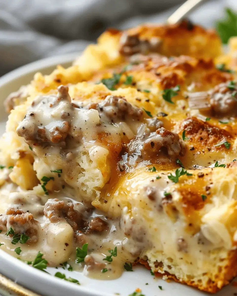 Biscuits and Gravy Breakfast Casserole with Turkey Bacon Delight