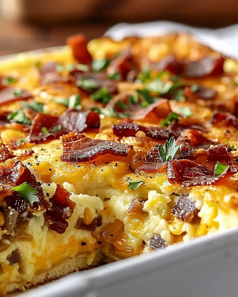 Indulgent Crack Breakfast Casserole with Turkey Bacon and Chicken Ham