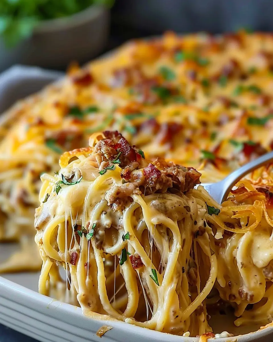 Creamy Southern Spaghetti Bake with Turkey Bacon and Chicken Ham
