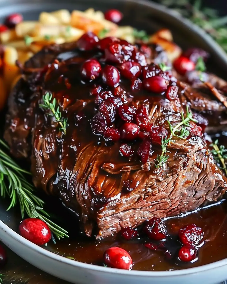 Slow-Braised Beef Roast with Juicy Cranberry Balsamic Glaze