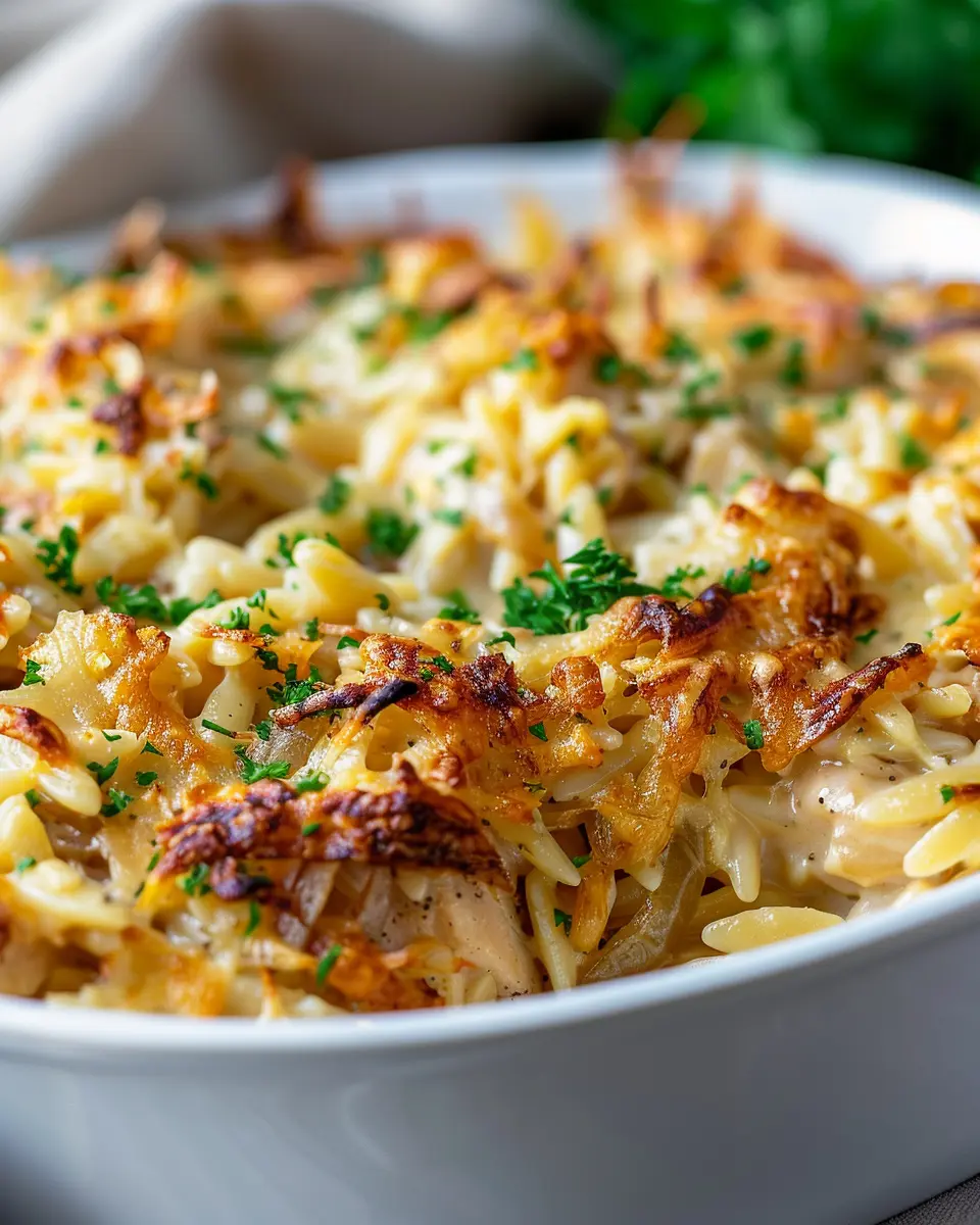 French Onion Chicken Orzo Casserole with Savory Turkey Bacon Delight