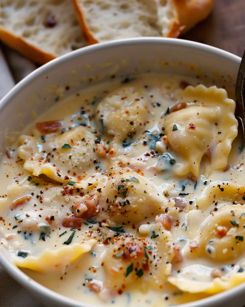 Creamy Tuscan Ravioli Soup with Turkey Bacon and Chicken Ham