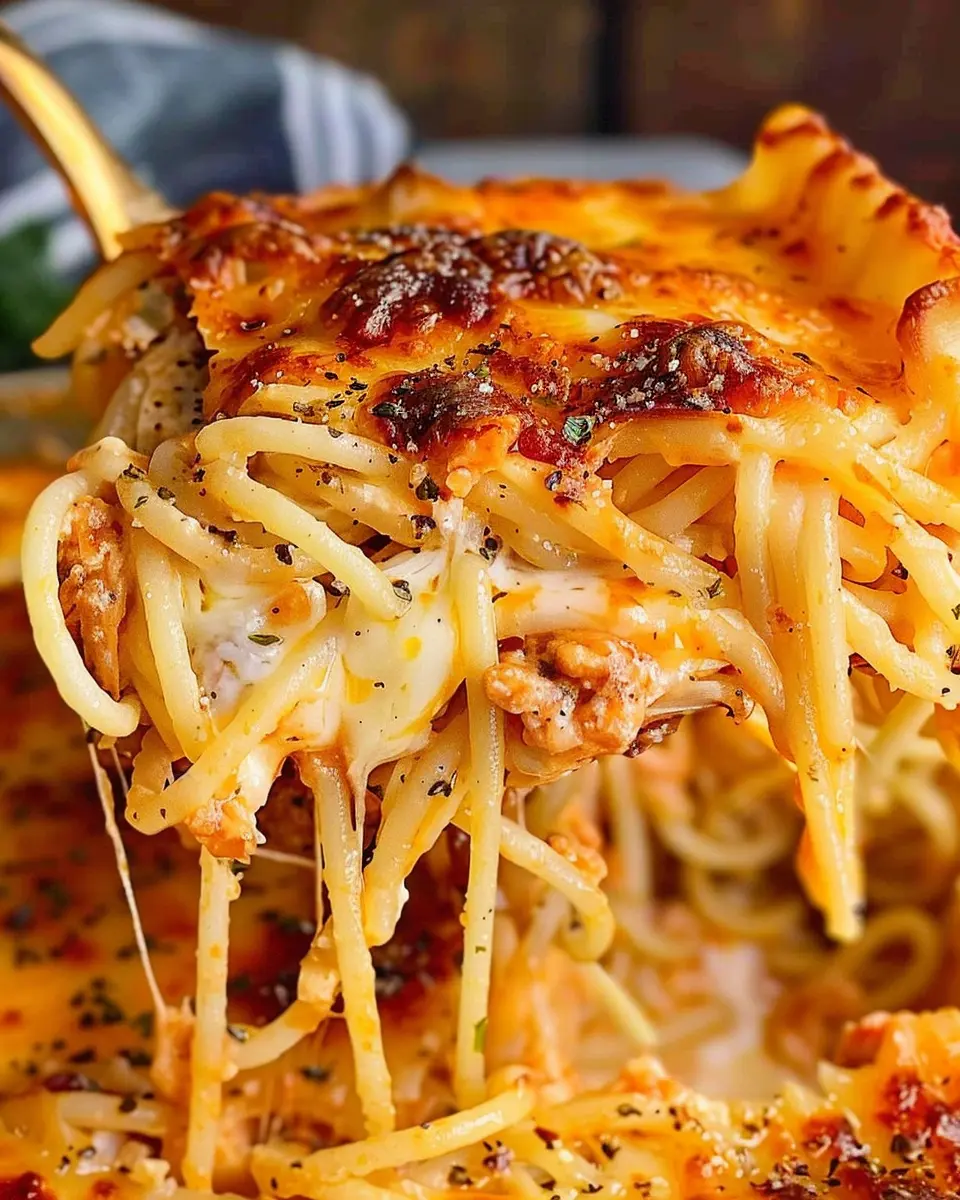 Cheddar Bay Spaghetti Casserole with Turkey Bacon and Chicken Ham