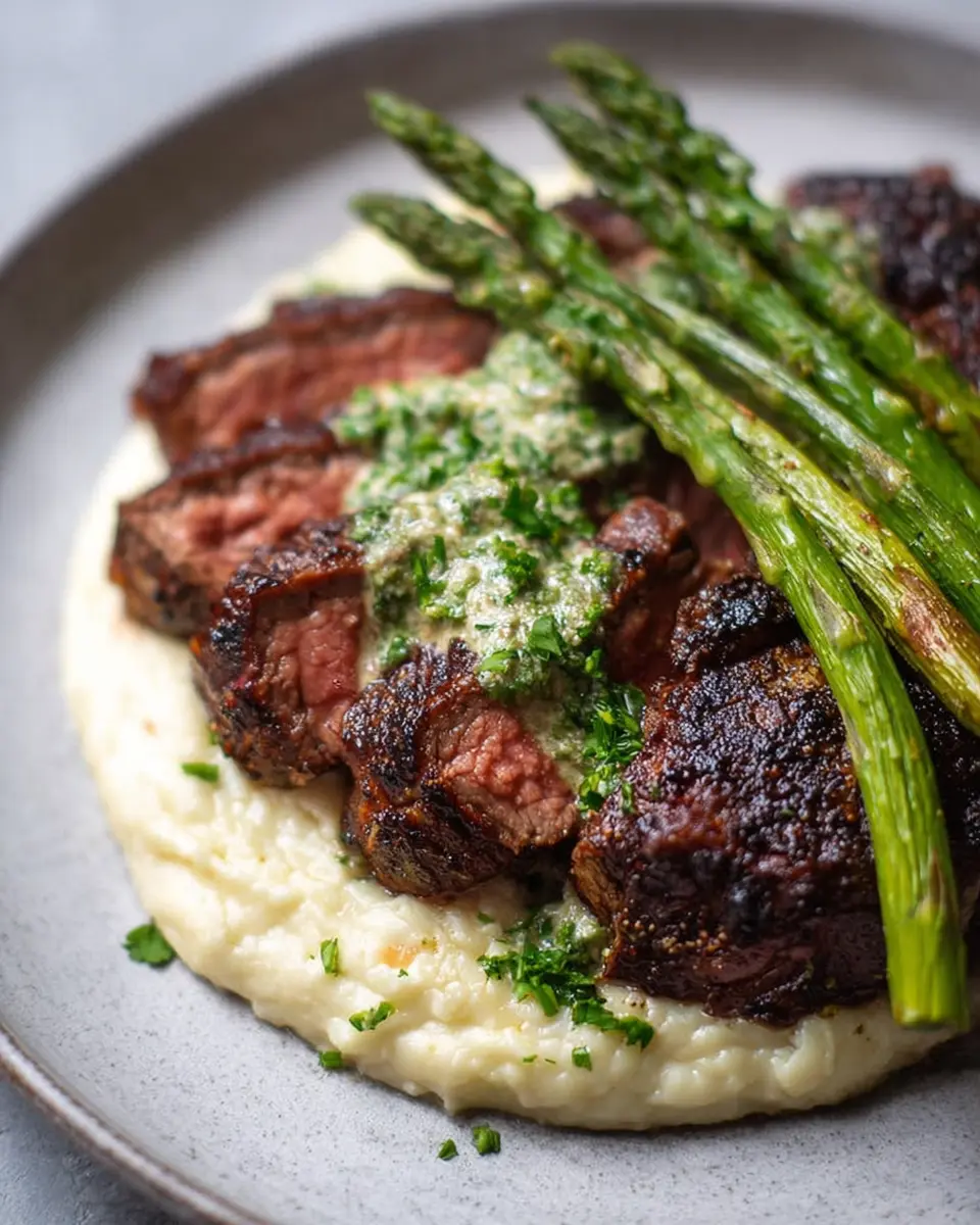 Ribeye with Chimichurri: Creamy Mashed Potatoes &amp; Asparagus Delight