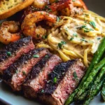 Surf & Turf Plate (Ribeye, Lobster, Shrimp Pasta, Asparagus & Garlic Toast)