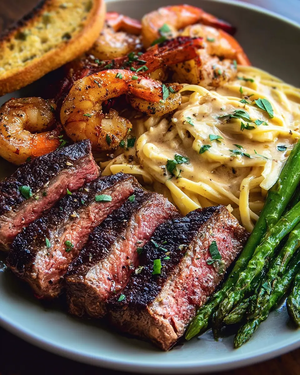 Surf &amp; Turf Plate: Indulgent Ribeye, Lobster &amp; Shrimp Pasta Delight