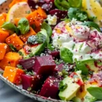 Roasted Beet, Sweet Potato & Avocado Salad with Whipped Ricotta & Lemon-Tahini Drizzle
