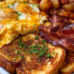 Loaded Breakfast Feast French Toast Turkey Bacon Cheesy Eggs and Potatoes