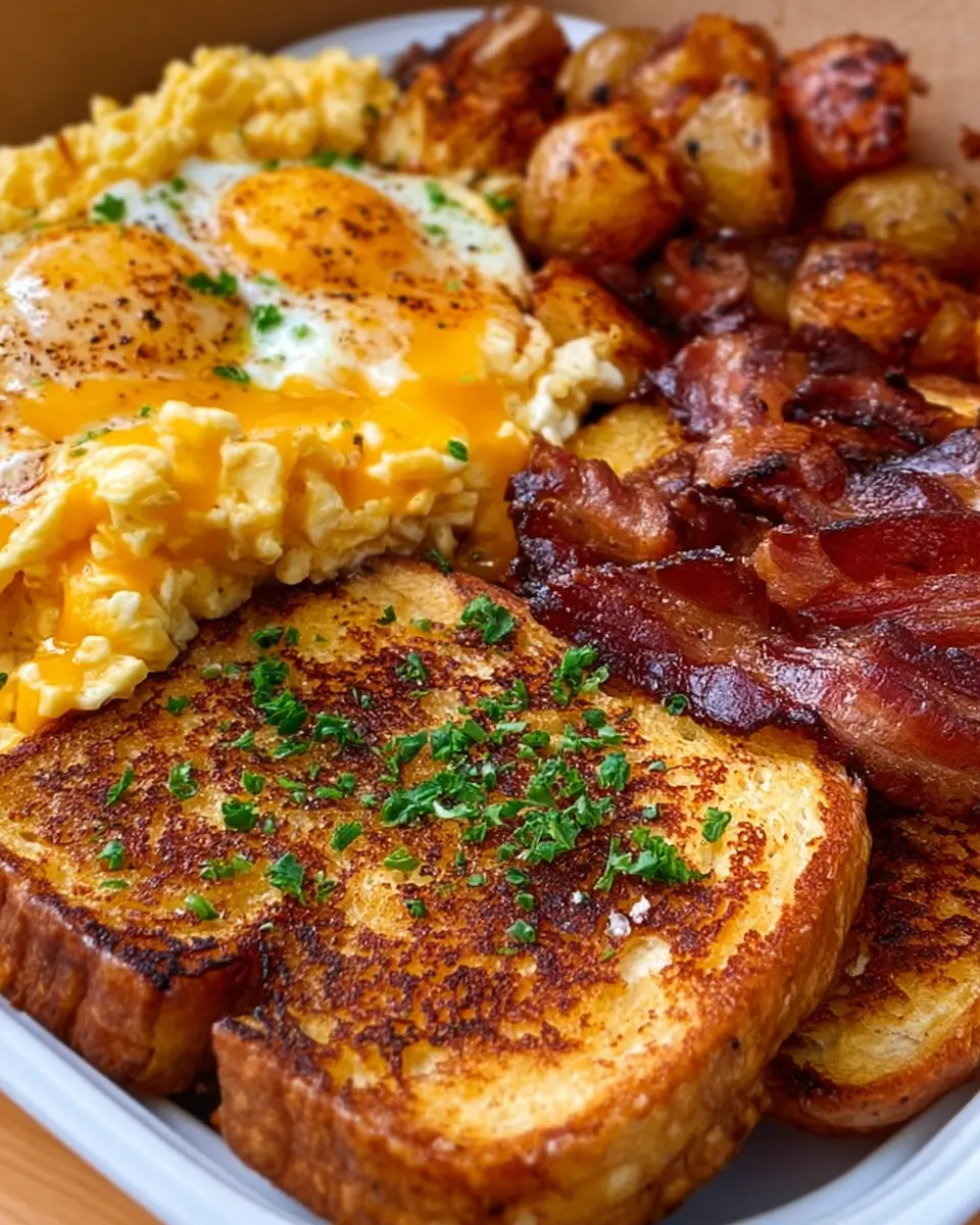Loaded Breakfast Feast French Toast with Turkey Bacon and Cheesy Eggs