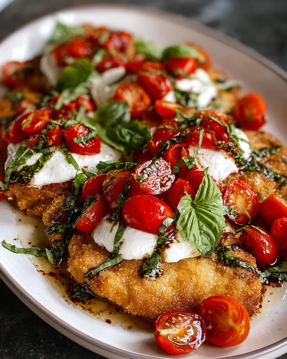 Italian Basil Chicken Cutlets with Juicy Tomato and Burrata Topping