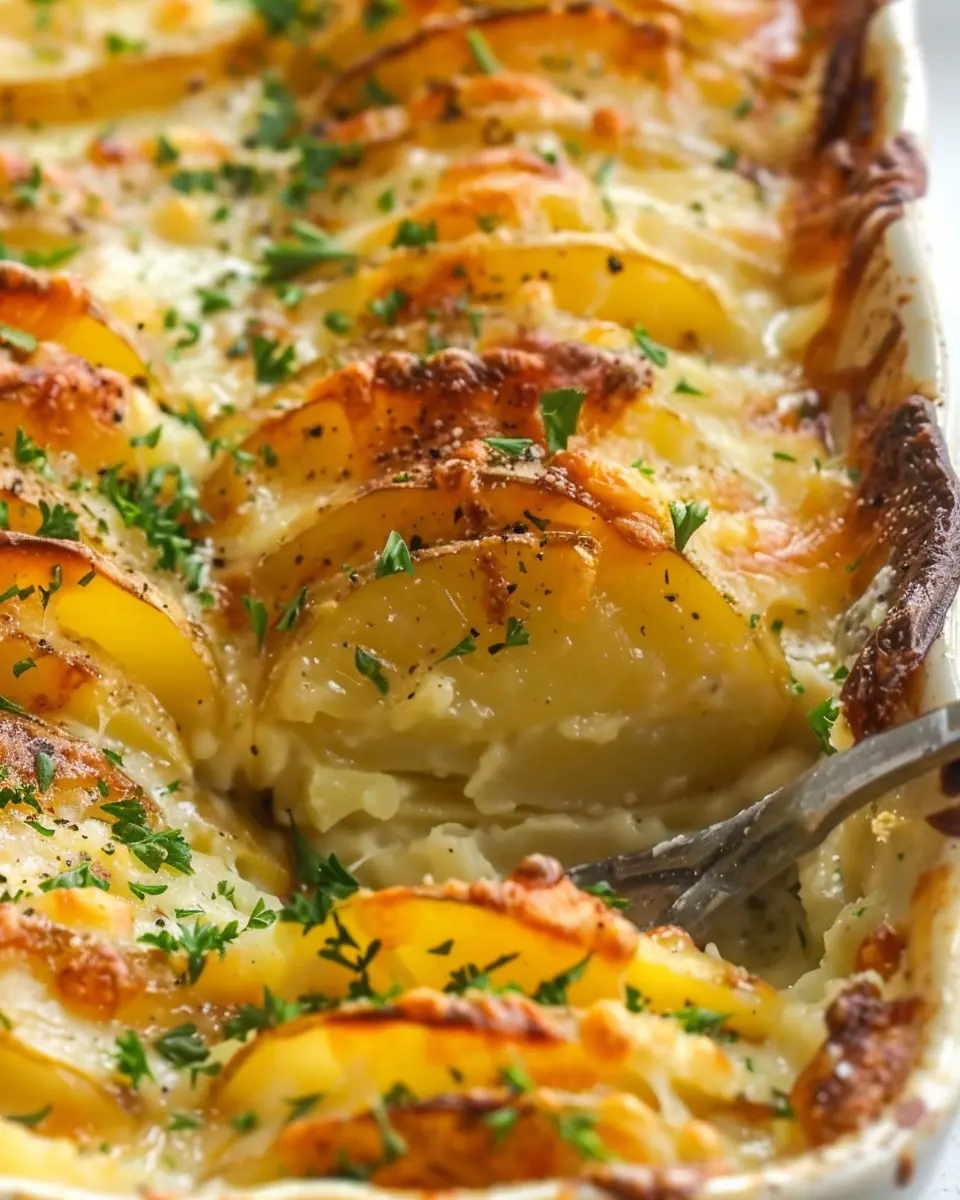 Cheesy Scalloped Potatoes with Turkey Bacon and Chicken Ham Delight