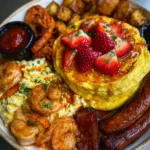 Shrimp & grits, pancakes, scrambled eggs, potatoes, sausages and fresh strawberries