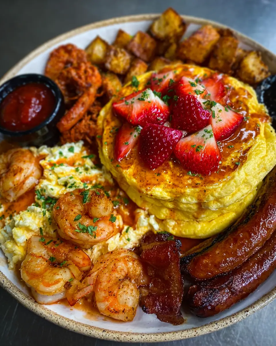 Shrimp and Grits: Easy Recipe with Pancakes, Sausages, and Fresh Strawberries
