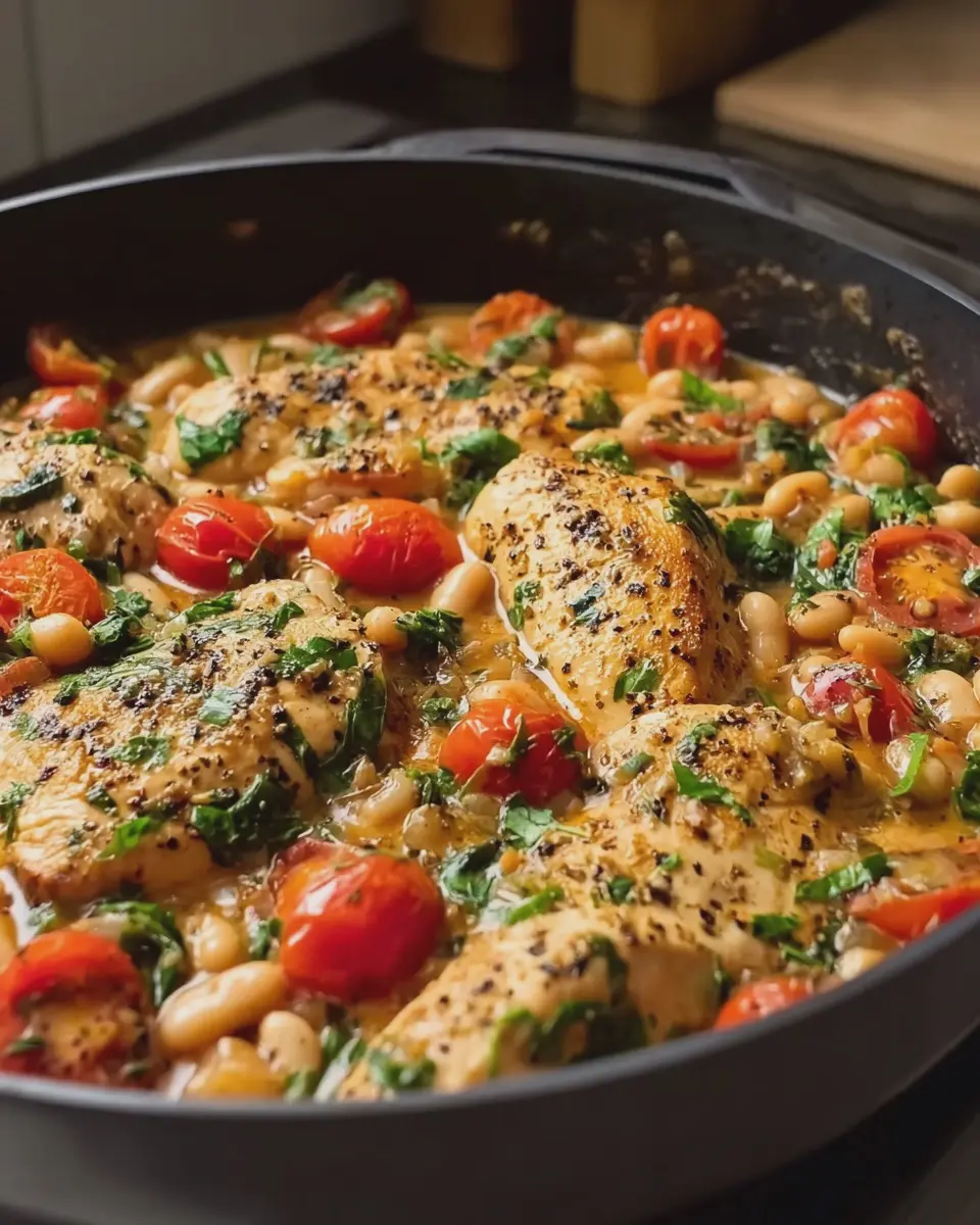 High-Protein Tuscan Chicken Skillet with White Beans and Turkey Bacon
