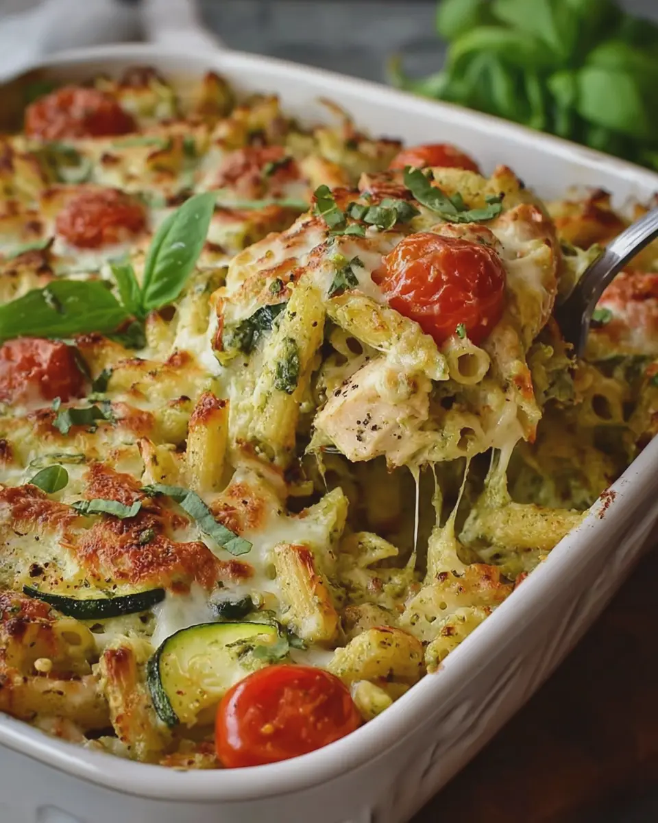 High Protein Chicken Pesto Zucchini Pasta Bake for a Healthy Twist