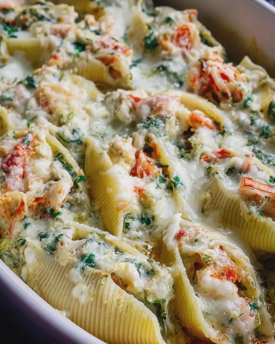 Creamy Baked Seafood Stuffed Shells with Garlic Sauce Delight