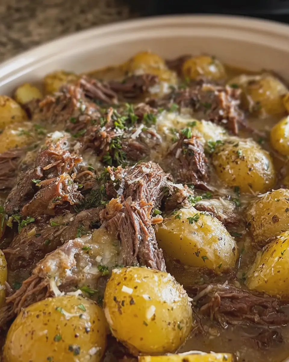 Slow Cooker Garlic Parmesan Mississippi Beef and Potatoes Delight
