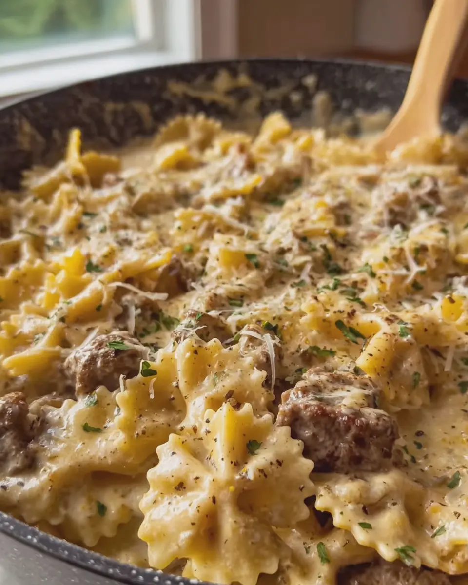 Garlic Butter Beef Bowties in Indulgent Cream Cheese Cheddar Sauce
