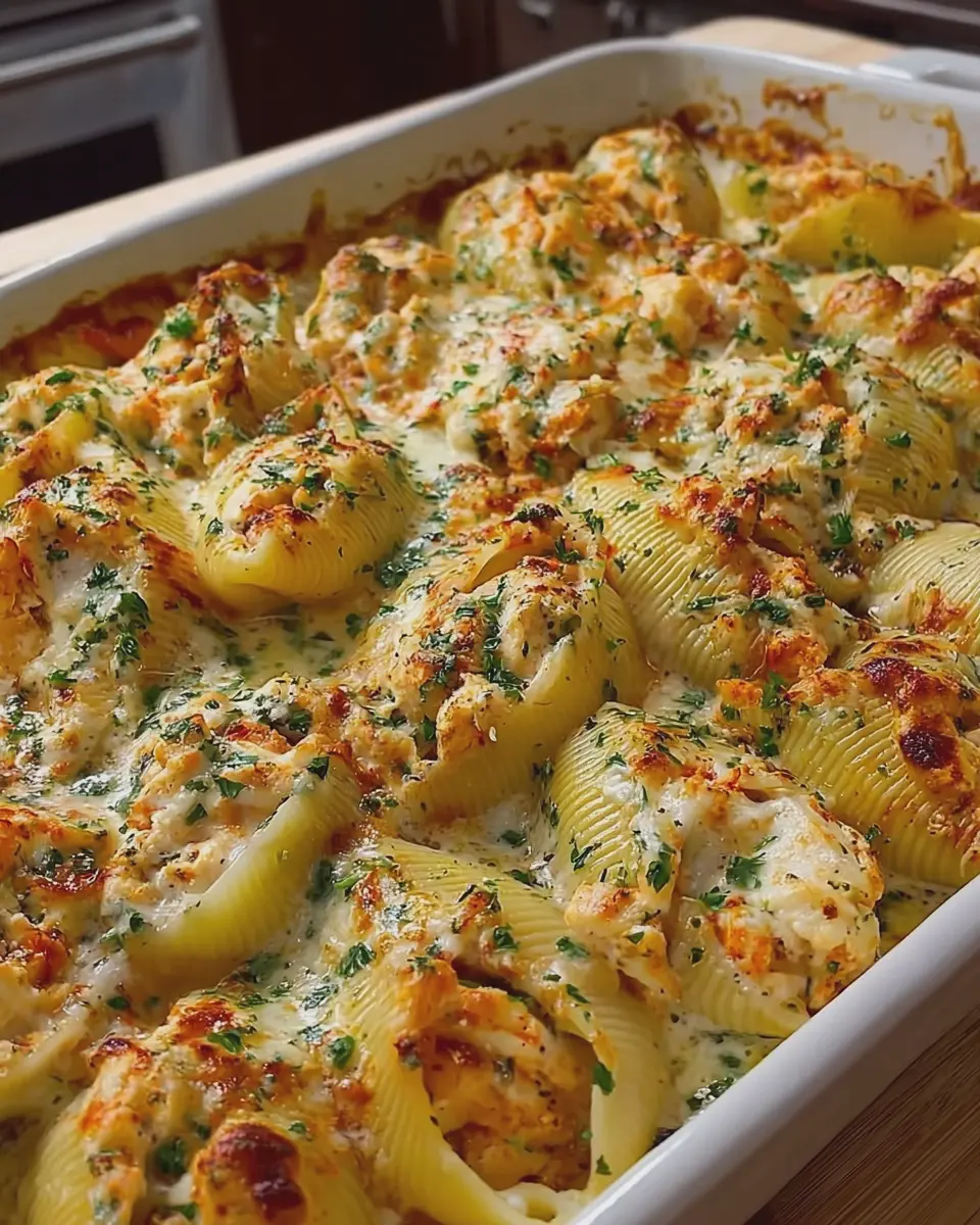 Creamy Baked Seafood Stuffed Shells with Garlic Sauce Delight