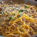 Cheesy Beef Spaghetti with Garlic Cheddar Cream