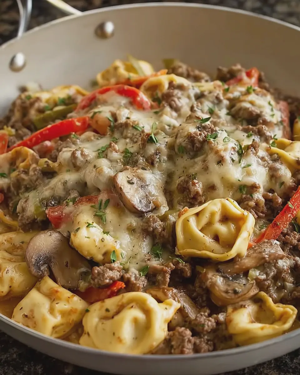 Creamy Philly Cheesesteak Ground Beef Tortellini Delight