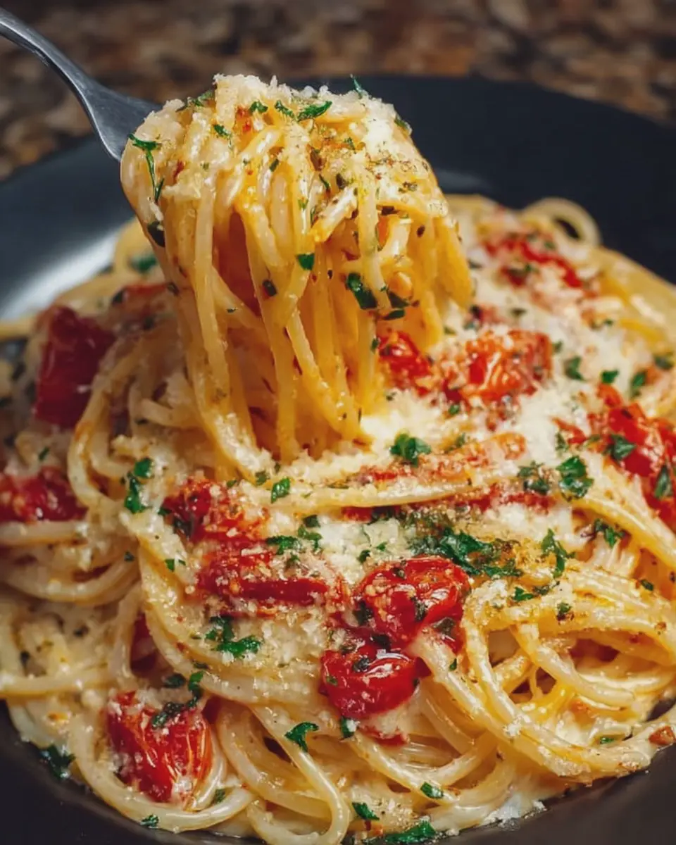 Creamy Garlic Parmesan Tomato Spaghetti with Turkey Bacon Delight