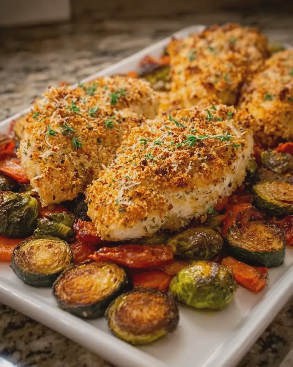 High-Protein Parmesan Crusted Chicken with Healthy Roasted Veggies