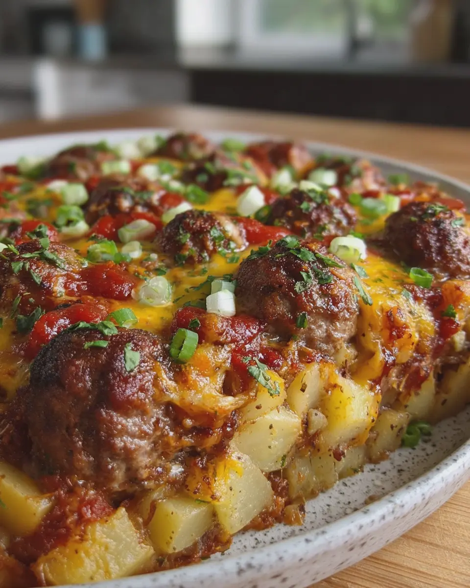 Smoky BBQ Cheeseburger Meatball Delight with Turkey Bacon and Potatoes