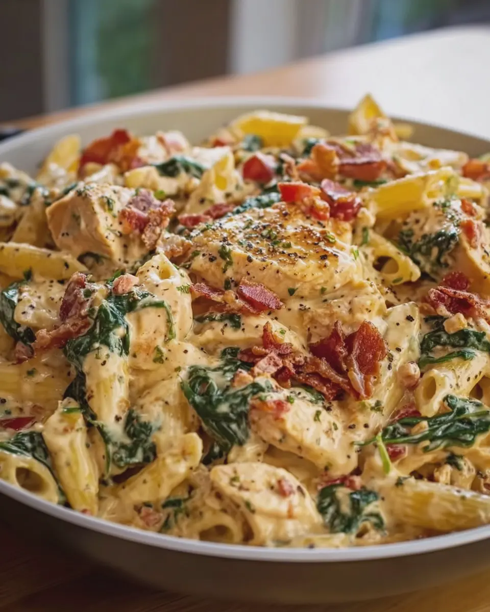 Creamy Chicken Pasta with Turkey Bacon and Spinach Delight