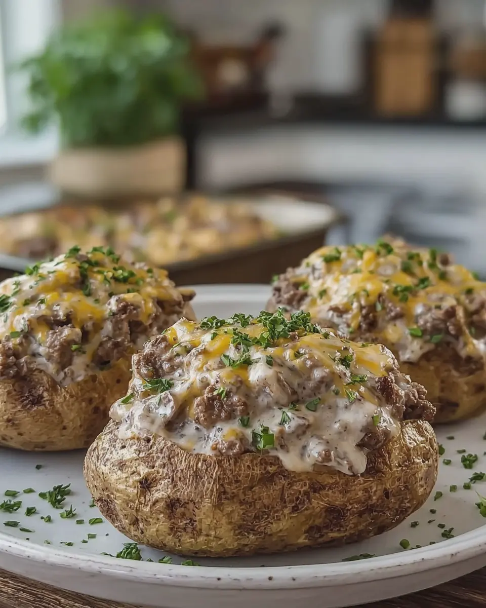 Creamy Beef Stroganoff Stuffed Baked Potatoes Delight