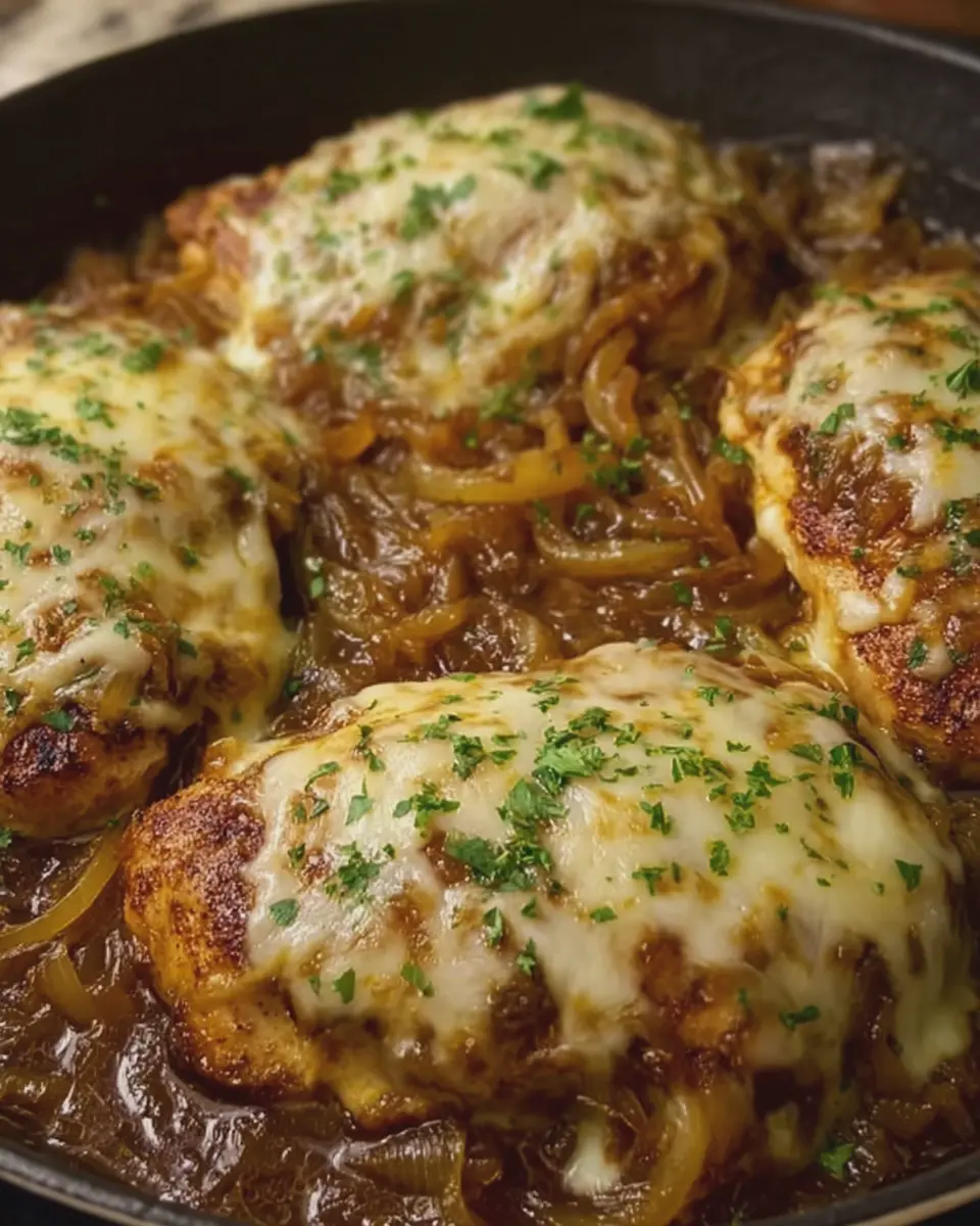 Smothered French Onion Chicken with Turkey Bacon and Cheese Bliss