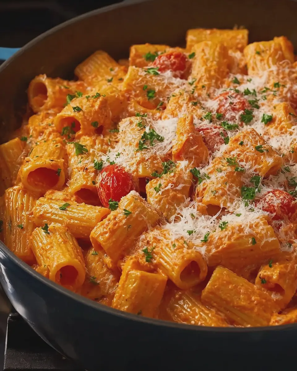 Creamy Tomato Rigatoni Pasta: Easy Recipe with Turkey Bacon