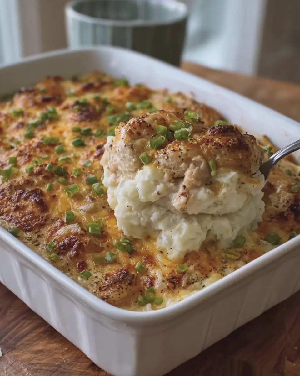 Crispy French Onion Chicken and Turkey Bacon Mashed Potato Bake