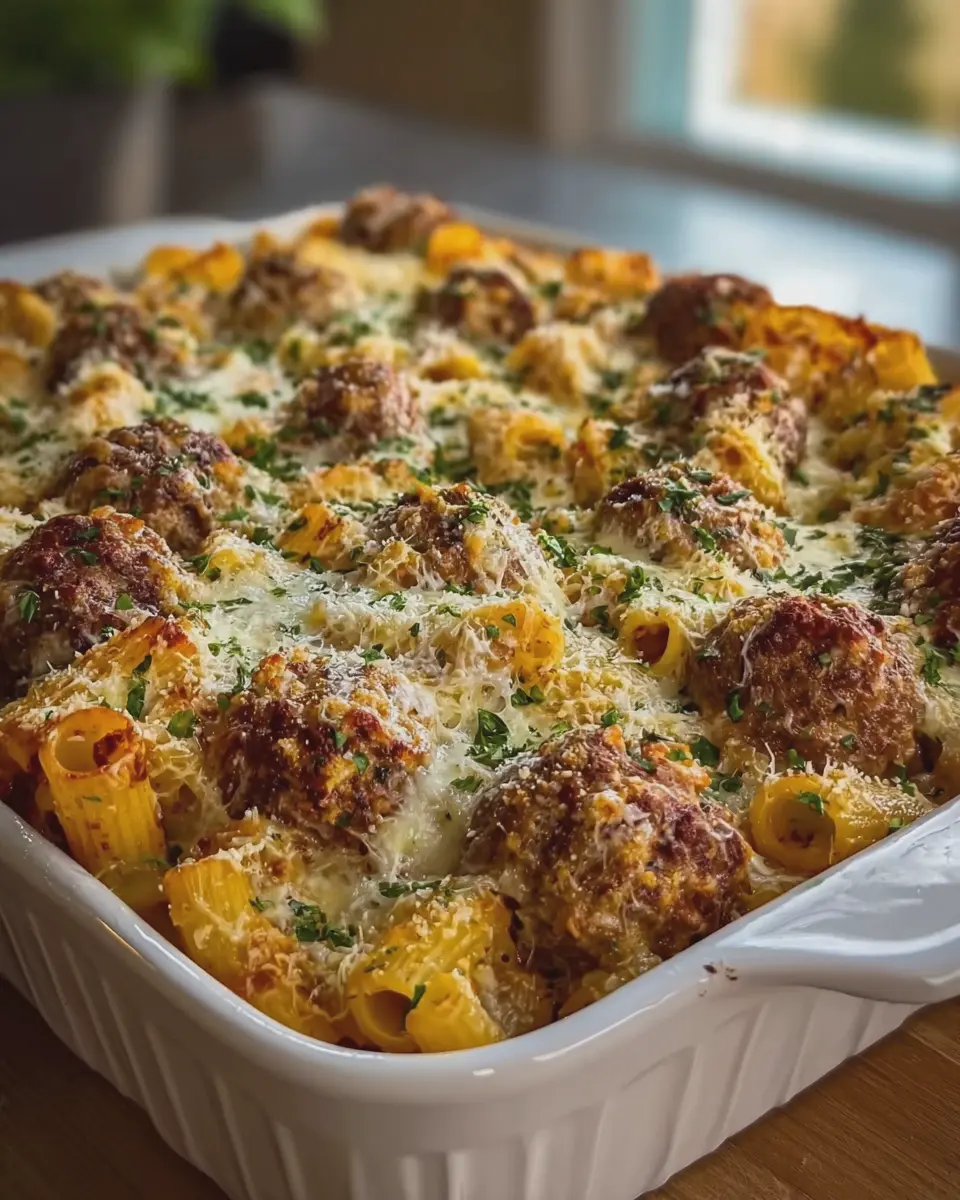 Cheesy Garlic Parmesan Meatball Rigatoni Bake: Easy Comfort Food Recipe