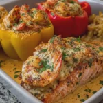 Creamy Cajun Garlic Butter Salmon and Shrimp Stuffed Peppers