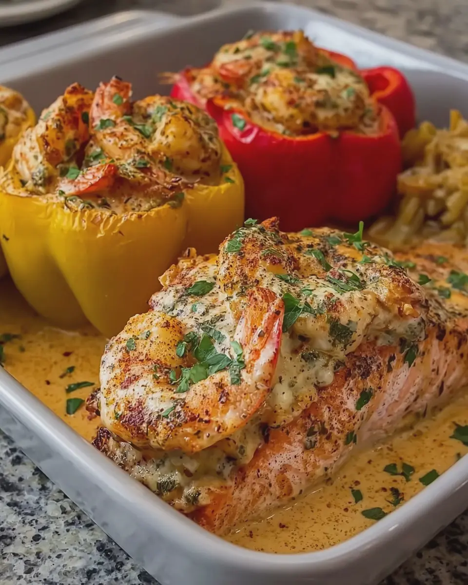 Creamy Cajun Garlic Butter Salmon and Shrimp Stuffed Peppers Delight