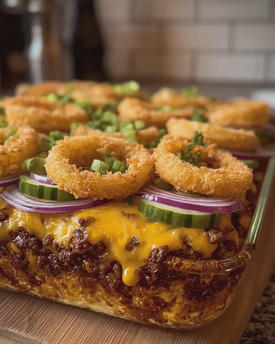 BBQ Onion Ring Cheeseburger Bake with Turkey Bacon Delight