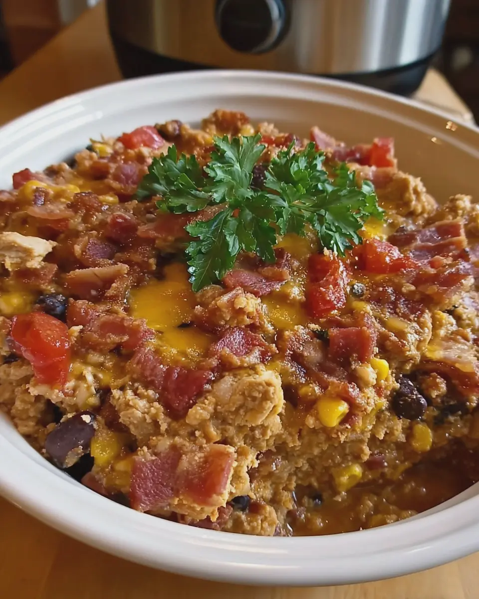 High Protein Crock Pot Cowboy Casserole with Turkey Bacon Delight
