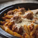 Easy Crockpot Meatball Penne with Provolone