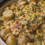 Crockpot Creamy Cheddar Chicken Corn and Baby Potatoes